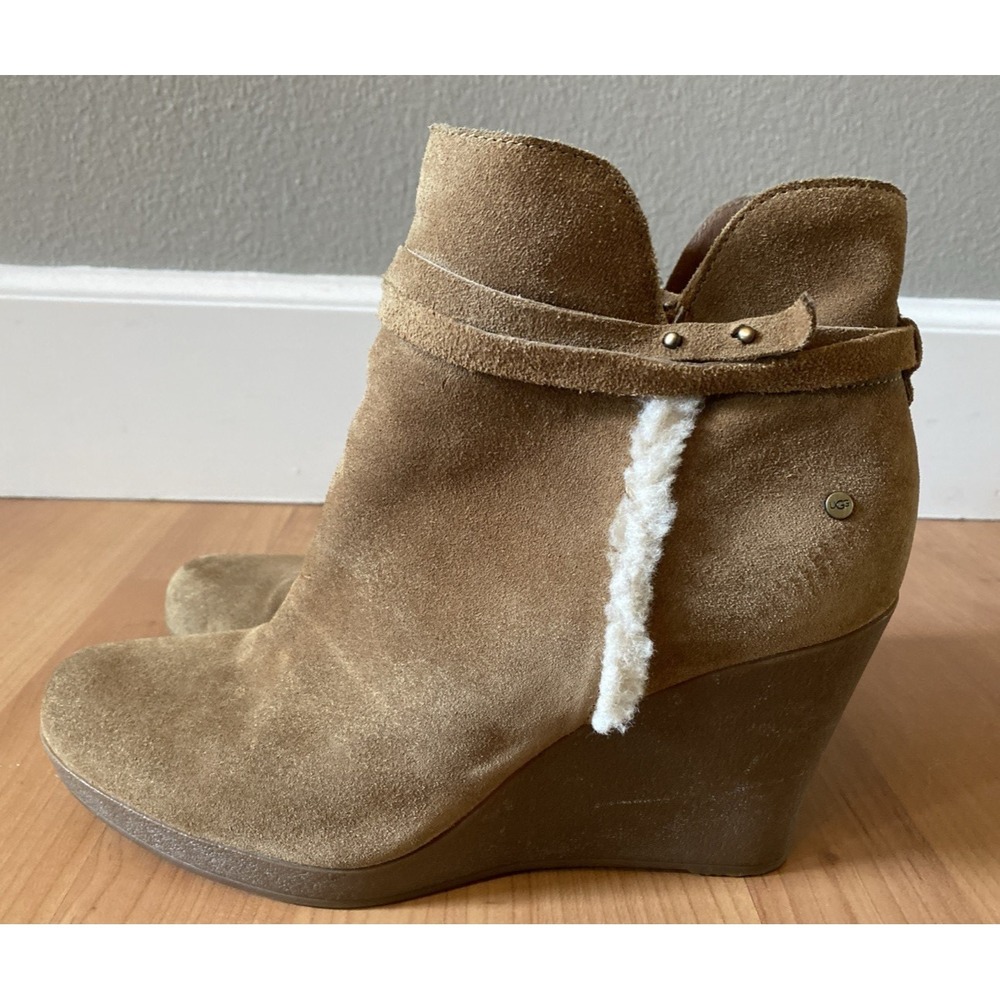 Ugg Alexandra Brown Chestnut Suede Wedge Ankle Boots Zip Booties Size 9 Sherpa - Picture 4 of 12